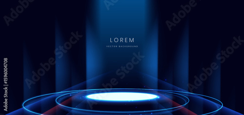 Scene glowing on dark blue background with glowing neon lights podium in futuristic.