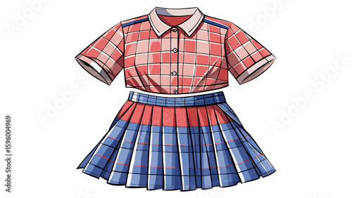 A short-sleeve boxy shirt in checked poplin pairs perfectly with a pleated mini skirt. The crisp folds and soft textures shine against a pure white background in semi-realistic vector charm.