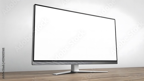 Blank Billboard, Modern flat screen computer monitor displaying a blank white screen on a wooden surface