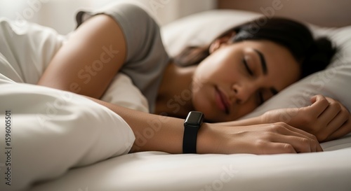 Woman sleeping soundly in bed with fitness tracker on her wrist