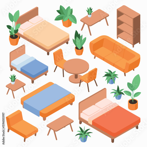 Clean and modern vector  isometric furniture vector illustration set for interior design and home decor elements collection