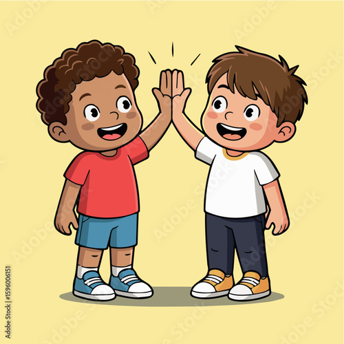 Clean and modern vector  illustration of two happy boys giving a high five friendship and teamwork concept vector art design image