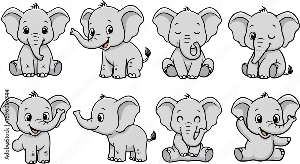 Fototapeta premium vector illustration of elephant funny cute cartoon mascot character cartoon with 8 poses 02