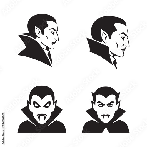 Black and White Vampire Head Silhouettes in Various Poses