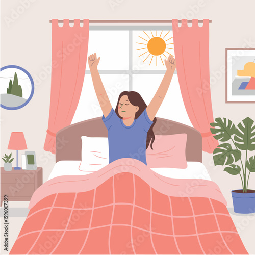 Clean and modern vector  woman stretching morning routine bedroom scene waking up early sunlight bedroom interior design lifestyle 100