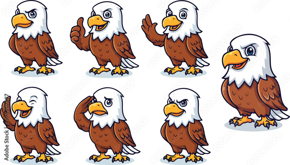 Fototapeta premium vector illustration eagle falcon hawk bird funny cute cartoon mascot character cartoon with 7 poses 03