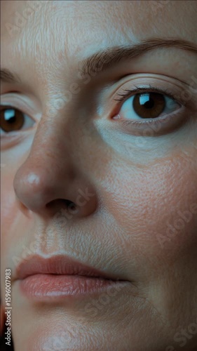 Close-up of a woman with fair skin, looking concerned. Her complexion is being treated with various beauty products such as moisturizers and hydrating creams.