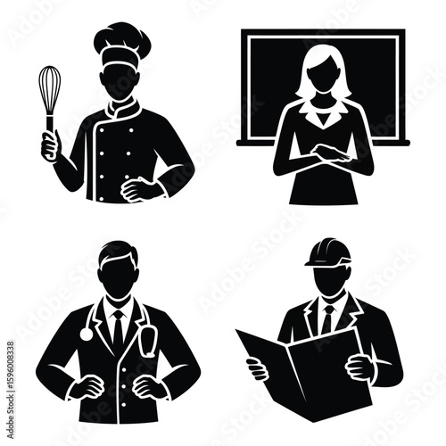 Black silhouette icons of chef doctor teacher engineer on white background cooking whisk