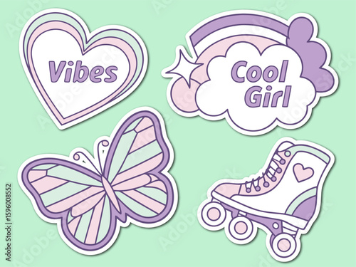 Cute Pastel Stickers Featuring Vibes Heart Cool Girl Cloud Butterfly and Roller Skate