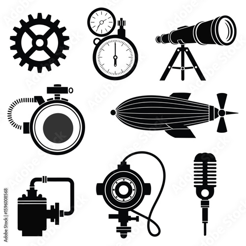 Black silhouette icons of steampunk objects including gear telescope airship microphone