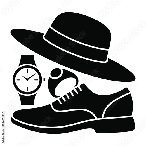 Black silhouette of a fedora hat wristwatch ring and oxford shoe white
