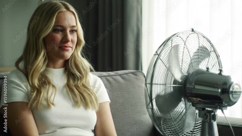 jeune femme très proche d'un ventilateur
