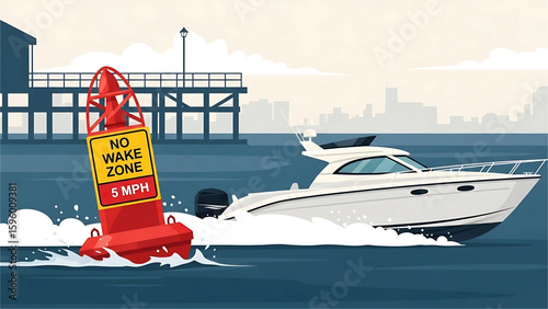 A speedboat creating large waves near a buoy marked “No Wake Zone – 5 MPH.”