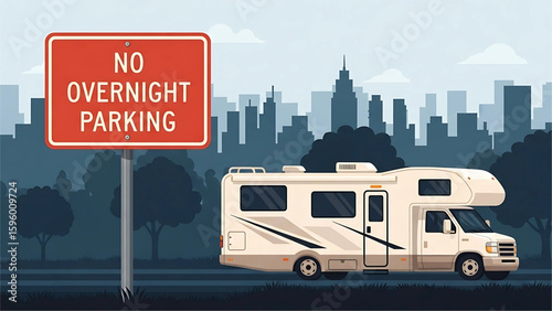 An RV parked overnight in front of a large “No Overnight Parking” sign. 2