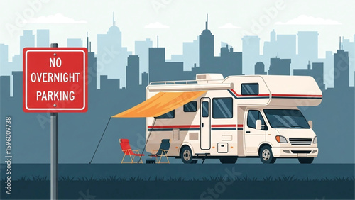 An RV parked overnight in front of a large “No Overnight Parking