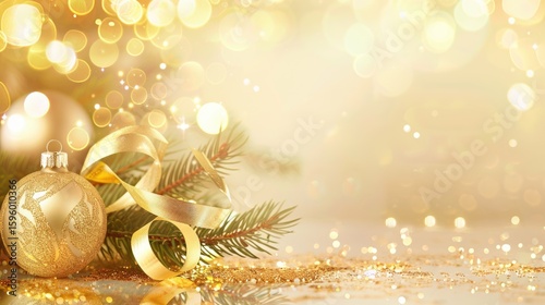 Elegant golden christmas ornaments with snowflakes on blurred bokeh lights background and free place for text