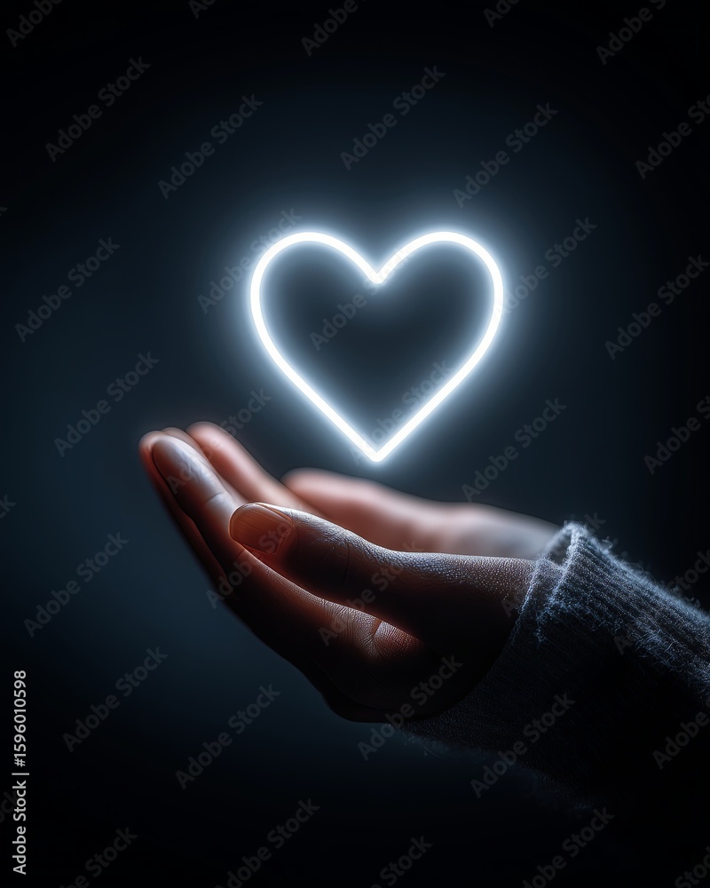 Fototapeta premium Hands Holding Neon Heart Symbol Against Dark Background