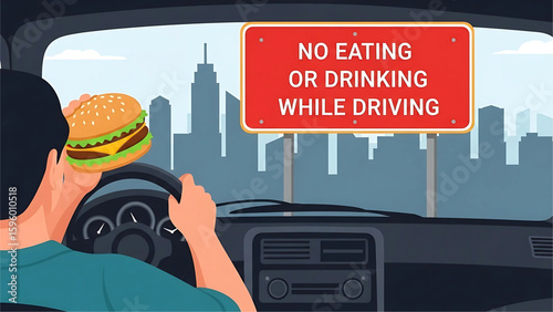 A driver holding a drink and burger while passing a “No Eating or Drinking While Driving” sign