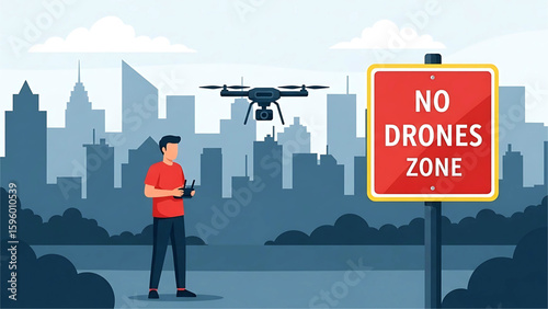 A drone flying directly above a “No Drones Zone” sign