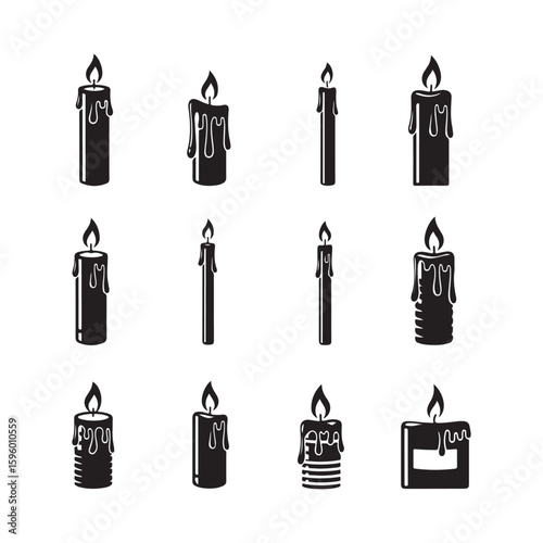 Black Candle Silhouettes with Dripping Wax and Flames on White Background