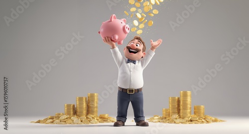 Cartoon character celebrating financial success with piggy bank and gold coins