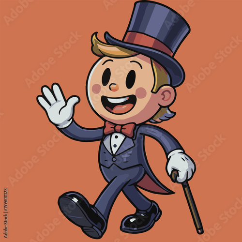 Clean and modern vector  cartoon character walking illustration with top hat and cane vector art design template image stock 3d