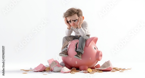 Cartoon character sitting on a broken piggy bank