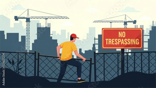 A person climbing over a “No Trespassing” fence into a construction site