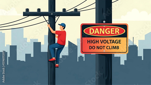 A person climbing up a utility pole next to a bright “Danger – High Voltage – Do Not Climb” sign