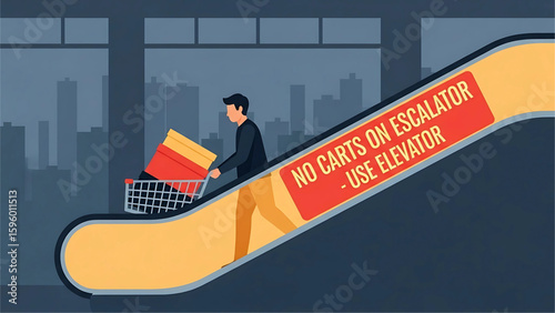 A person dragging a heavy cart up an escalator with a sign that reads “No Carts on Escalator – Use Elevator.”