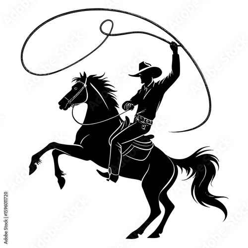 Vector illustration of Cowboy silhouette with rope lasso on horse isolated on white background for rodeo western design