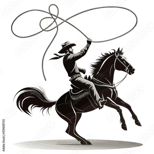 Vector illustration of Cowboy silhouette with rope lasso on horse isolated on white background for rodeo western design