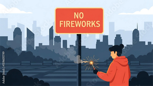 A person lighting fireworks in a public park underneath a “No Fireworks” sign