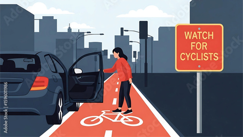 A person opening a car door into a bike lane marked with a “Watch for Cyclists” warning sign