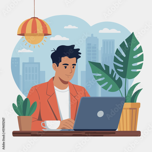 Clean and modern vector  illustration of man working remotely on laptop at home office with plants and city view background