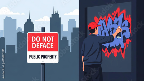 A person spray-painting graffiti over a wall that displays a “Do Not Deface Public Property” sign.