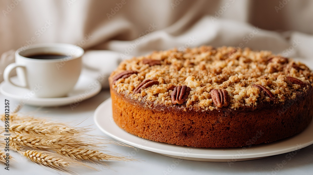 Delicious Pecan Crumble Cake with Coffee a Cozy Breakfast or Dessert Still Life Image Delicious Pecan Crumble Cake with Coffee a Cozy Breakfast or Dessert Still Life Image