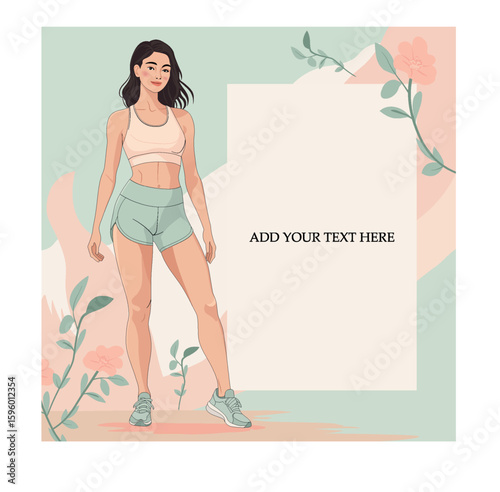 Stylish female fitness model in sportswear standing confidently beside a floral frame. Editable vector template ideal for wellness, gym promotions, health blogs, and workout branding.