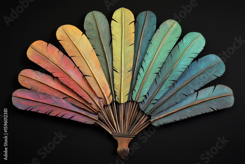 Colorful array of artistic feathers showcase rich variety of colors and textures. Generative AI