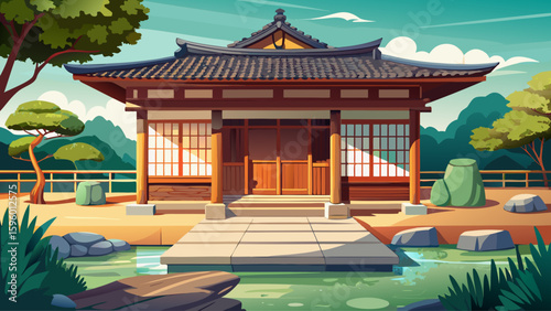 A traditional wooden house in Kyoto, Japan, with sliding shoji doors, tiled roof, and a peaceful rock garden in front. This centuries-old structure reflects the elegance of Japanese minimalism
