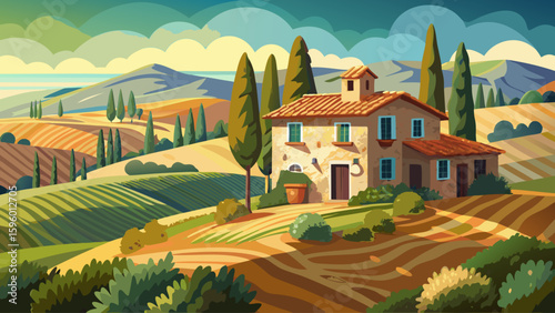 A rustic farmhouse in Tuscany, Italy, built from golden limestone and surrounded by olive trees and rolling hills under the Mediterranean sun. Its charm captures rural Italian heritage