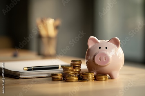 A pink piggy bank is surrounded by stacks of coins on a wooden table next to an open notebook and a pen, creating a financial planning scene