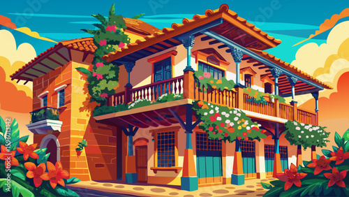 A beautifully preserved colonial house with a wooden balcony and terracotta roof in Cartagena, Colombia, showcasing the charm of Spanish architecture along cobbled streets.