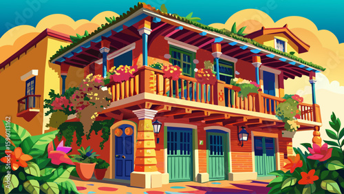 A beautifully preserved colonial house with a wooden balcony and terracotta roof in Cartagena, Colombia, showcasing the charm of Spanish architecture along cobbled streets.