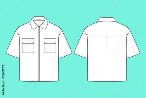 Mens Short Sleeve Zip Through Oversize Shirt Technical Fashion Flat Sketch CAD Mockup.