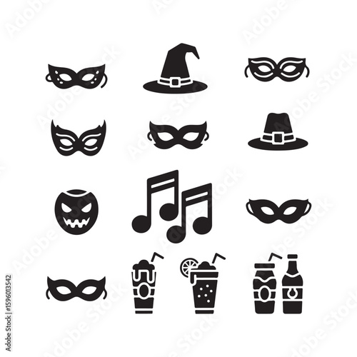 Black Halloween and Party Icons on White Background