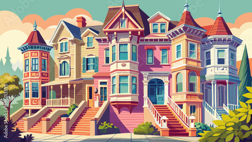 A classic Victorian townhouse in San Francisco, USA, painted in pastel colors with ornate window frames and steep staircases. The iconic architecture lines the hilly streets of the city