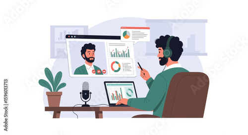 Professional man participating in online meeting, analyzing business data charts shown on a