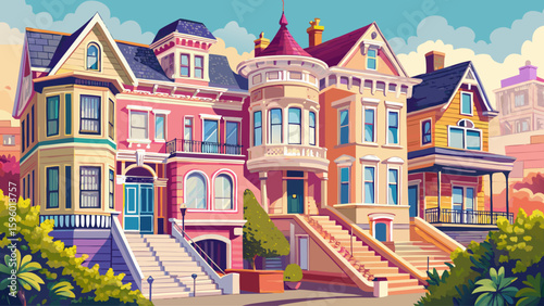 A classic Victorian townhouse in San Francisco, USA, painted in pastel colors with ornate window frames and steep staircases. The iconic architecture lines the hilly streets of the city