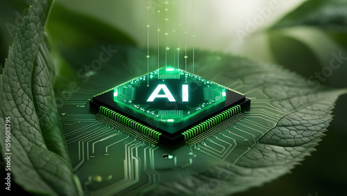 Close-Up AI Microchip with Green Sustainable Circuit Design